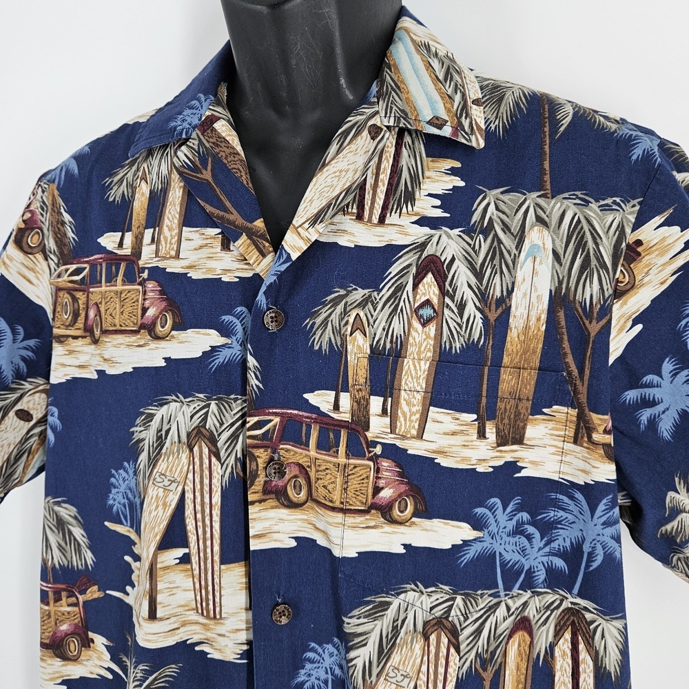 RJC Hawaiian Shirt Mens Medium‎ Blue  Palm Tree Woody Car Surfboards Made In USA
